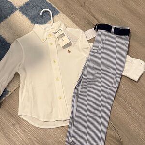 White Polo Button-Up Shirt and Striped Pants Set
